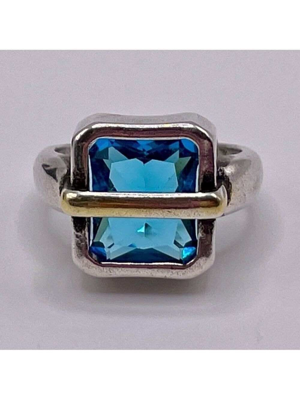 Adjustable 925 Silver Large Faux Blue Zircon w/ Gold Tone Metal Strap Ring #1303
